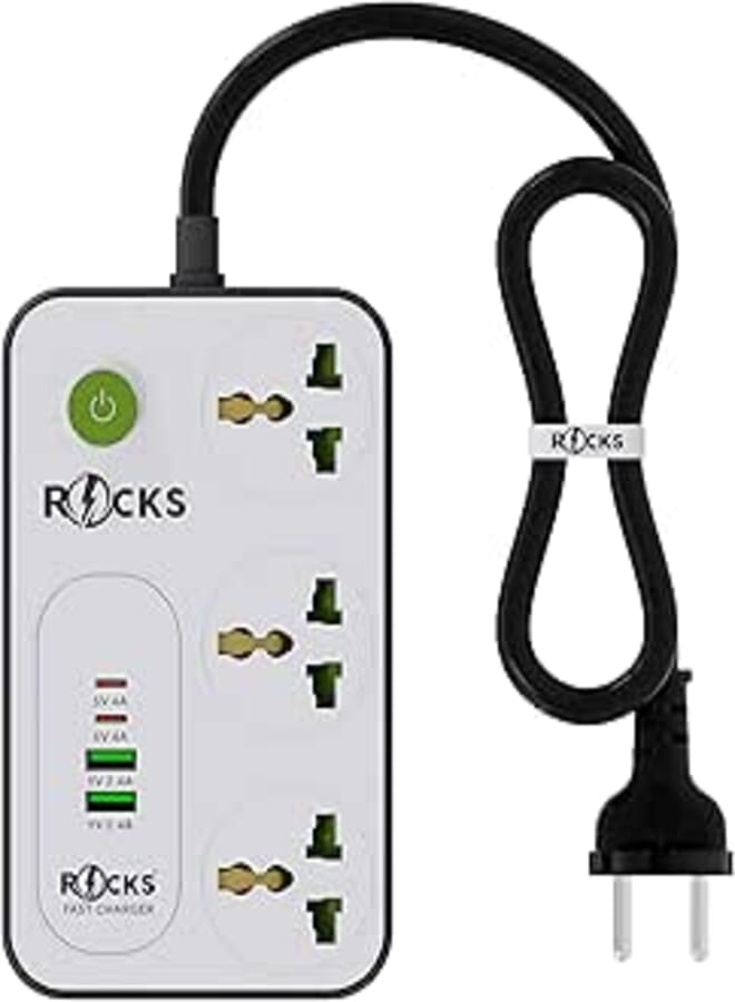 Rocks R-342 Power Strip, 3 UK Sockets with 4 Ports (2 USB-A & 2 USB-C), 2M Extension Lead – White